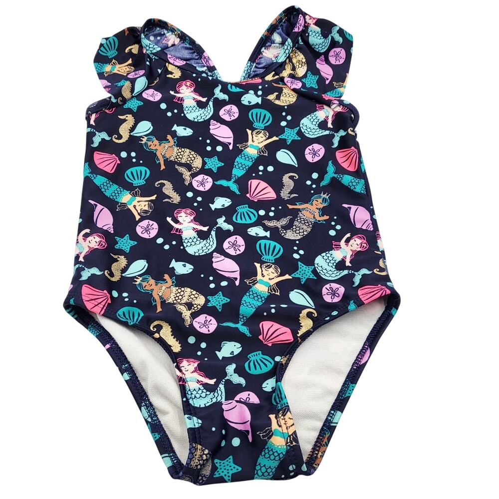 Cat & Jack Mermaid Seashell Print Blue Multicolored One-piece Swimsuit Girls 3T